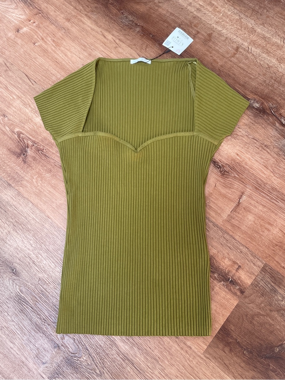ZARA Womens Ribbed Cap Sleeve Blouse Top Large NEW Green Romantic Fitted